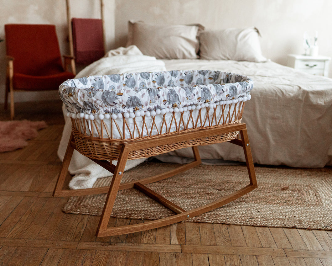 Baby Moses Basket with bedding textile Gray birds